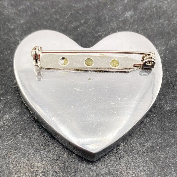 VINTAGE Thick silver tone metal heart brooch inlaid w/ genuine abalone shell pin - Picture 7 of 7